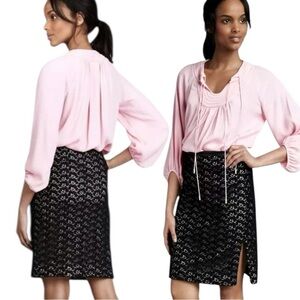 Diane Von Furstenberg Stevie Acorn Black Lace Faux Leather Trim Pencil Skirt 10